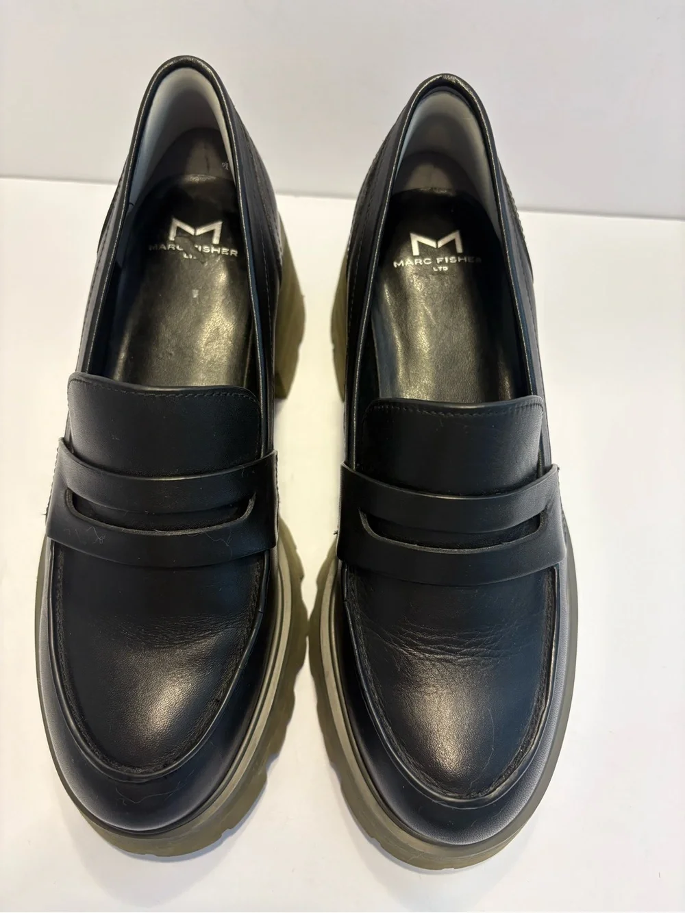 Marc Fisher Women Latika Slip On Loafers Black Leather Lug Sole Platform 5 1/2